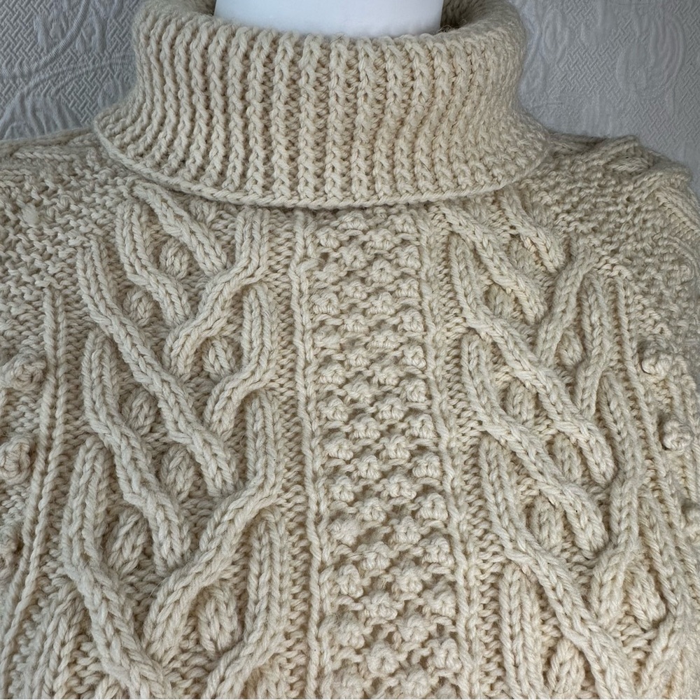 Vintage Hand Knit Wool Extra Long Aran Fisherman Knit Turtleneck Cable Sweater - Picture 9 of 12